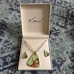 Brand New In Box Necklace and Earring Kim Roger’s Green and Orange Gemstone Set